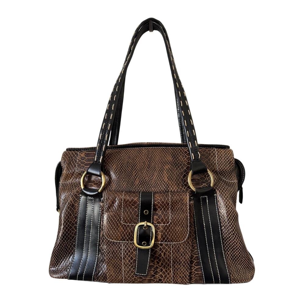 Charlie Lapson Large Snake Embossed Brown Shoulder Bag